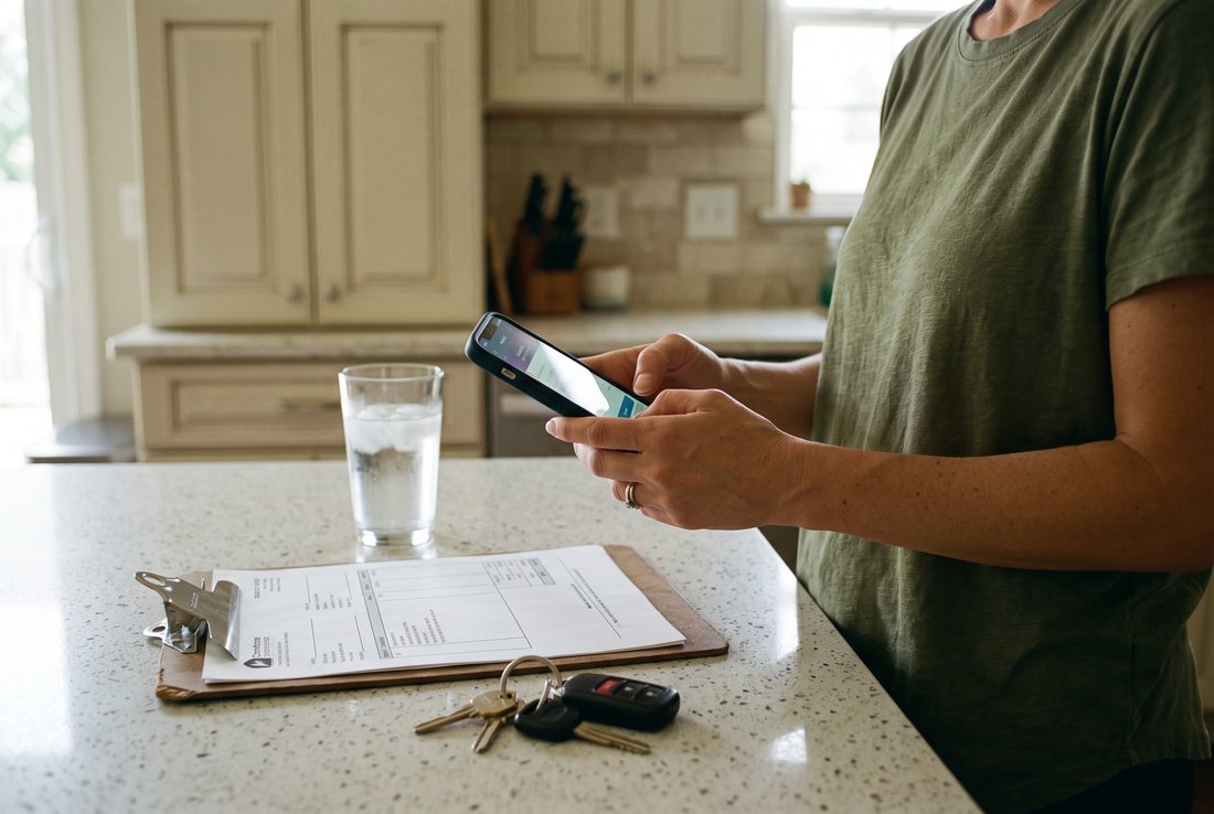 A contractor handing a customer a card with a QR code at the end of a job